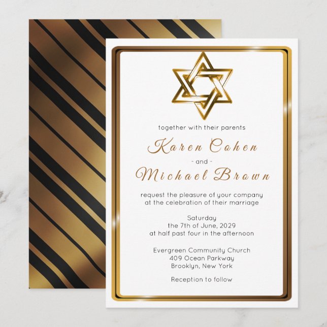 Metallic Gold Star of David Jewish Wedding Invitation (Front/Back)