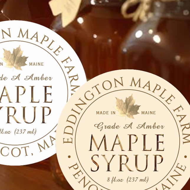 Metallic Gold State Name Maple Syrup with Leaf  Classic Round Sticker (Creator Uploaded)