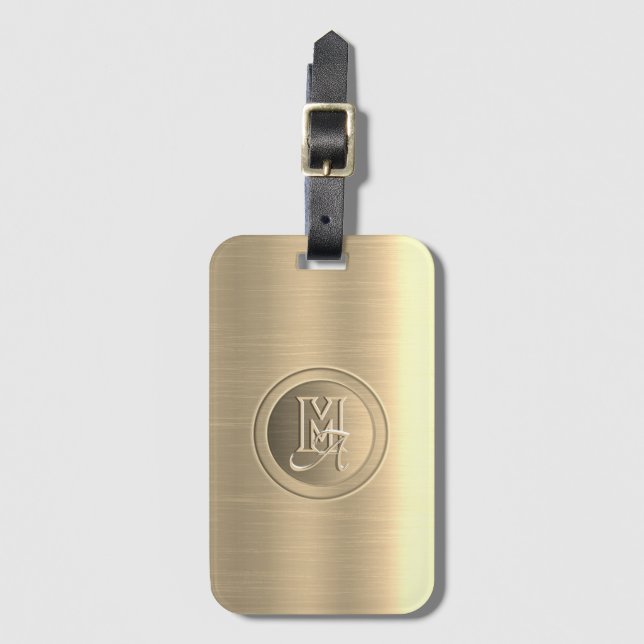 Metallic Gold Steel Engraved Monogram Luggage Tag (Front Vertical)