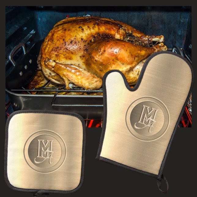 Metallic Gold Steel Engraved Monogram Oven Mitt & Pot Holder Set (Creator Uploaded)