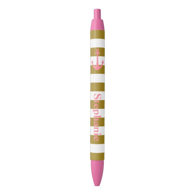 Metallic Gold Stripes and Pink Nautical Black Ink Pen (Front Vertical)