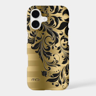 Metallic Gold Stripes Pattern & Black Lace