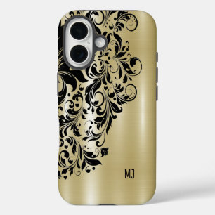 Metallic Gold Texture Black Swirl Accent Monogram iPhone 16 Case