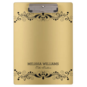 Metallic Gold Texture & Vintage Black Floral Lace Clipboard