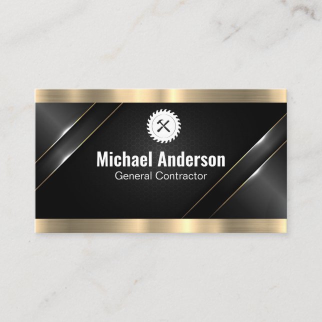 Metallic Gold Trim | Saw Hammer Construction Business Card (Front)