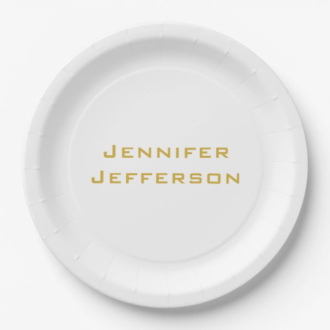 Metallic Gold & White Professional Modern Elegant Paper Plate (Front)