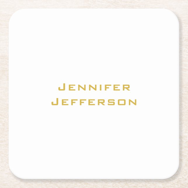 Metallic Gold & White Professional Modern Elegant Square Paper Coaster (Front)