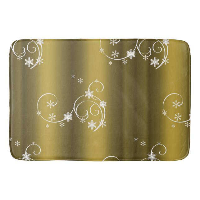 Metallic Gold, White Swirls Christmas Bath Mat (Front)