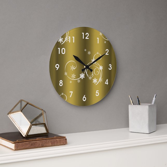 Metallic Gold, White Swirls Christmas Large Clock (Office)