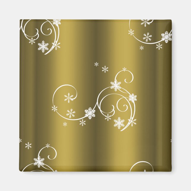 Metallic Gold, White Swirls Christmas Magnet (Front)