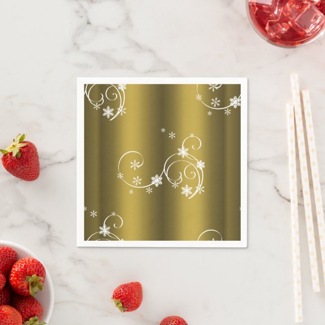 Metallic Gold, White Swirls Christmas Napkin (Insitu)