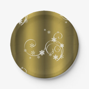 Metallic Gold, White Swirls Christmas Paper Plate