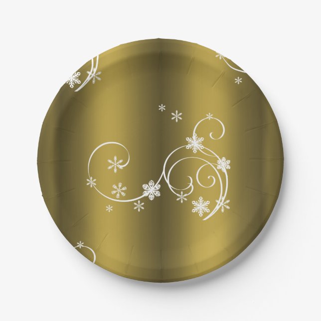 Metallic Gold, White Swirls Christmas Paper Plate (Front)