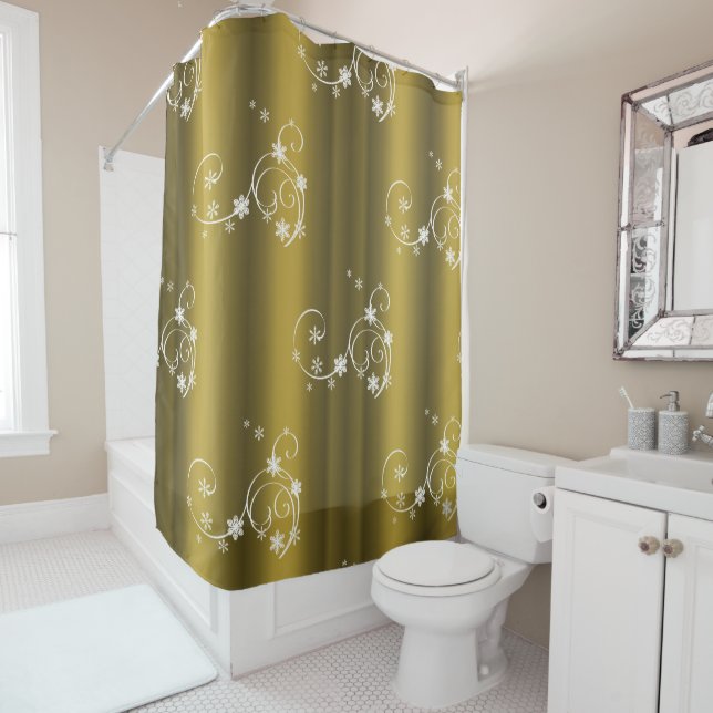 Metallic Gold, White Swirls Christmas Shower Curtain (In Situ)