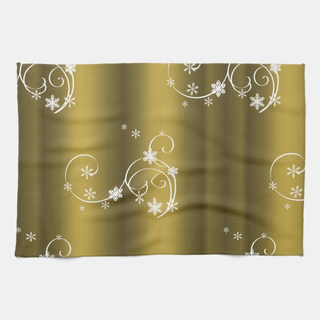 Metallic Gold, White Swirls Christmas Tea Towel (Horizontal)