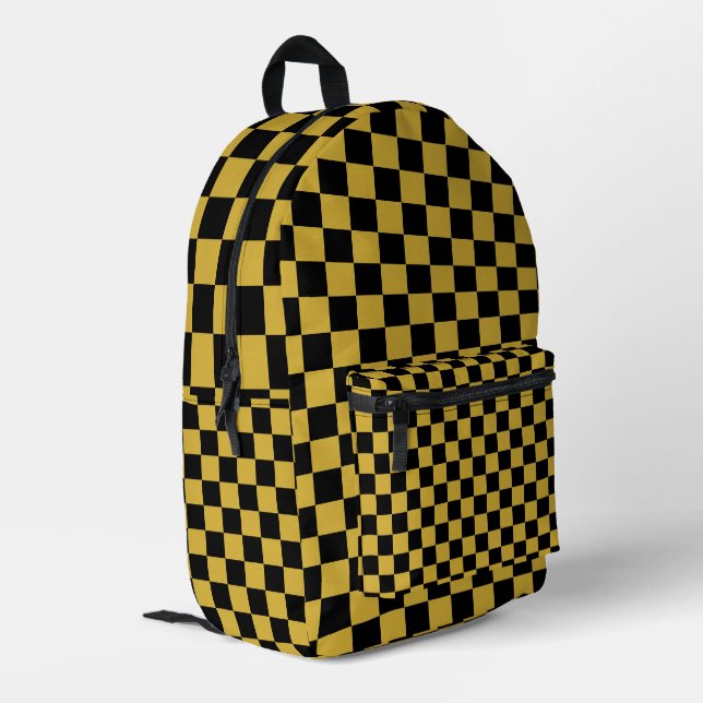Metallic Gold with Black Square Pattern Style Printed Backpack (Back Corner Left)