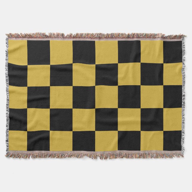Metallic Gold with Black Square Style Throw Blanket (Front)