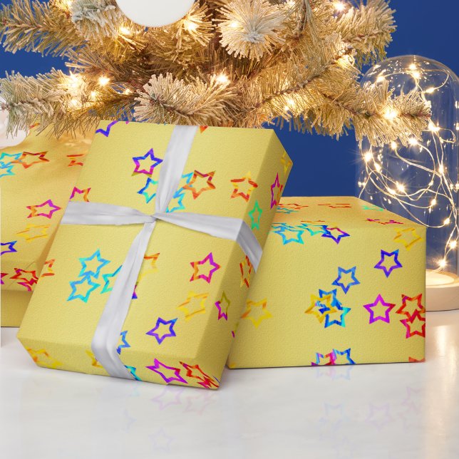 Metallic Gold with Neon Stars Custom Wrapping Paper (Holidays)