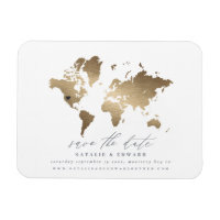 Metallic gold world map wedding announcement