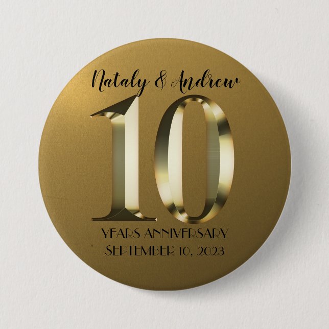 Metallic golden 10th Wedding 7.5 Cm Round Badge (Front)