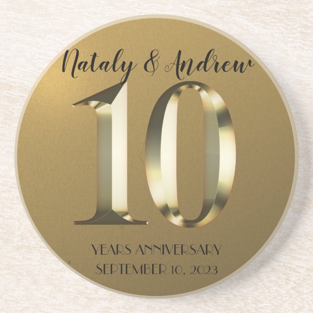 Metallic golden 10th Wedding Anniversary Coaster (Front)