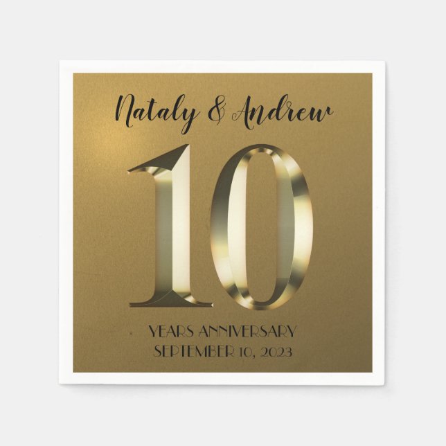 Metallic golden 10th Wedding Anniversary Napkin (Front)