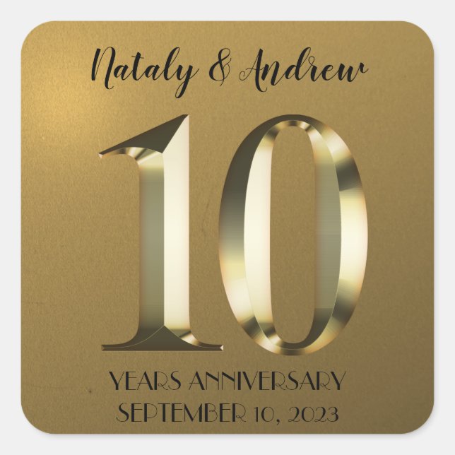Metallic golden 10th Wedding Anniversary Square Sticker (Front)