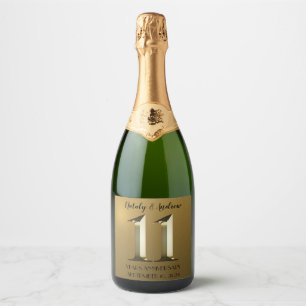 Metallic golden 11th Wedding Anniversary Sparkling Wine Label