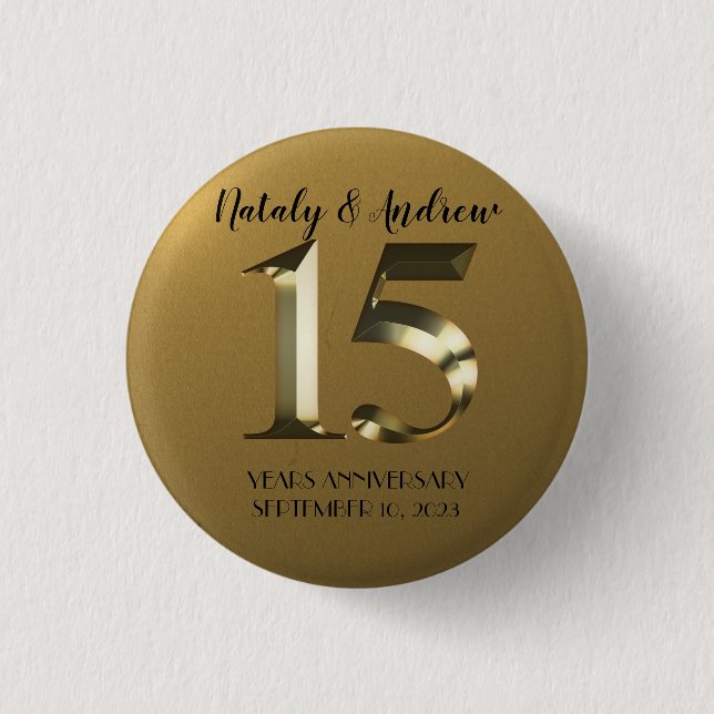 Metallic golden 15th Wedding Anniversary 3 Cm Round Badge (Front)