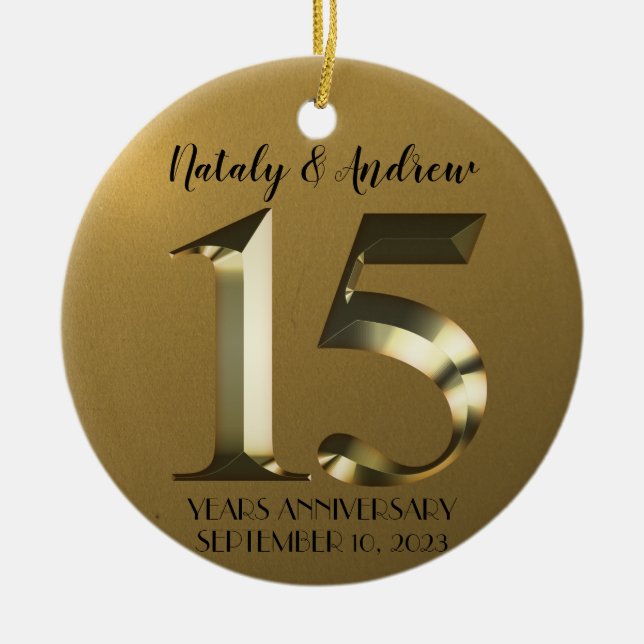 Metallic golden 15th Wedding Anniversary Ceramic Tree Decoration (Front)
