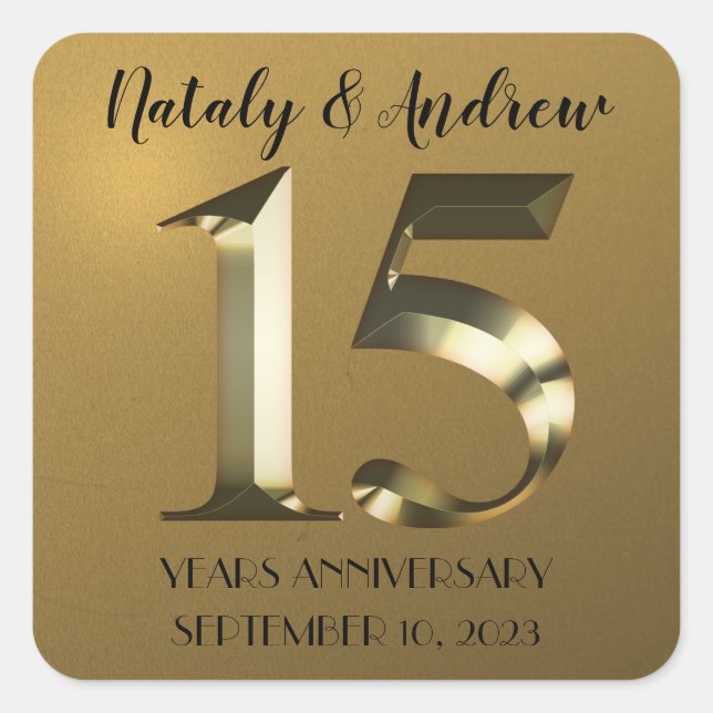 Metallic golden 15th Wedding Anniversary Square Sticker (Front)