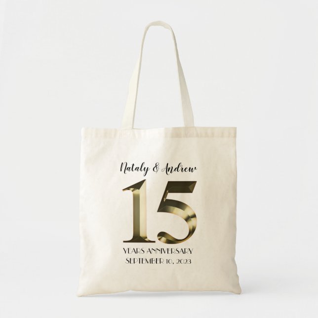 Metallic golden 15th Wedding Anniversary Tote Bag (Front)