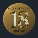 Metallic golden 18th birthday 10 cm round badge<br><div class="desc">Happy 18th birthday. 18 years. Golden metallic label.</div>
