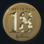 Metallic golden 18th birthday paper plate<br><div class="desc">Happy 18th birthday. 18 years. Golden metallic label.</div>