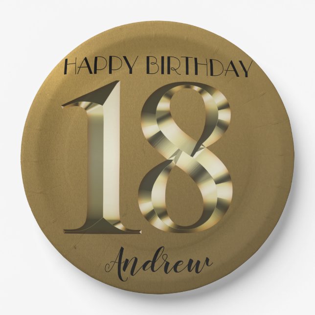 Metallic golden 18th birthday paper plate (Front)