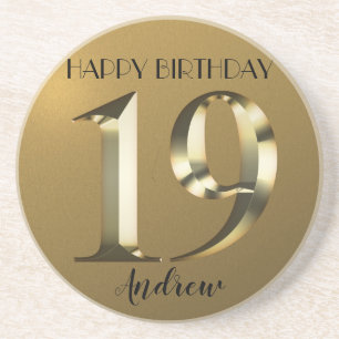 Metallic golden 19th birthday coaster