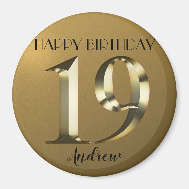 Metallic golden 19th birthday magnet (Front)