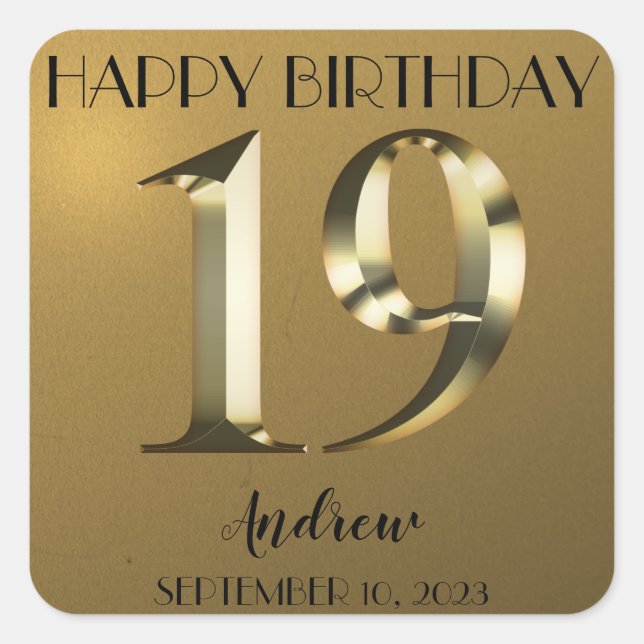 Metallic golden 19th birthday square sticker (Front)