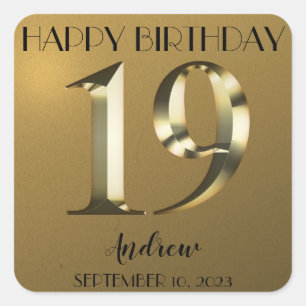 Metallic golden 19th birthday square sticker