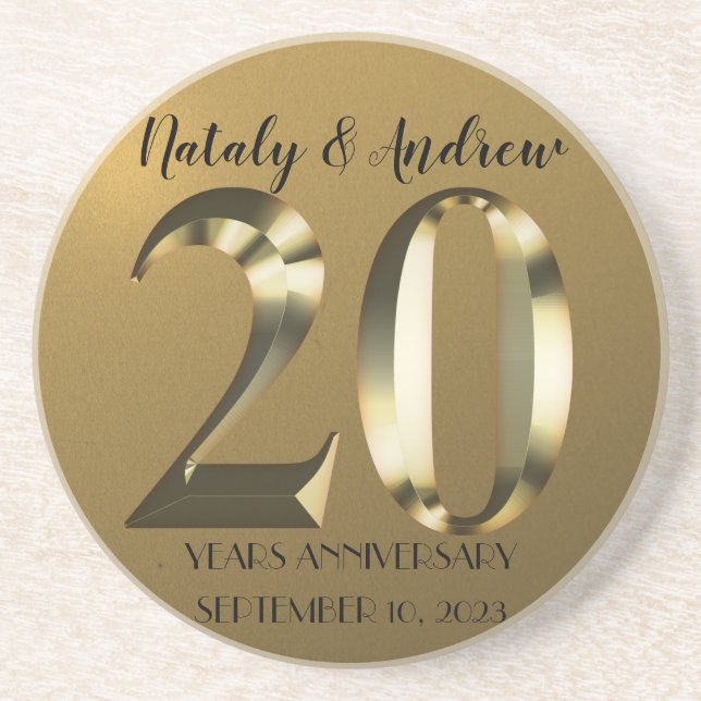 Metallic golden 20th Wedding Anniversary Coaster (Front)
