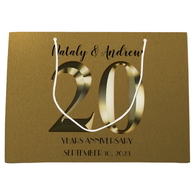 Metallic golden 20th Wedding Anniversary Large Gift Bag (Front)