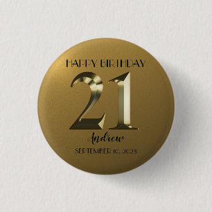 Metallic golden 21st birthday 3 cm round badge