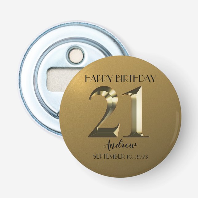 Metallic golden 21st birthday bottle opener (Front)