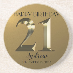 Metallic golden 21st birthday coaster