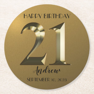 Metallic golden 21st birthday round paper coaster