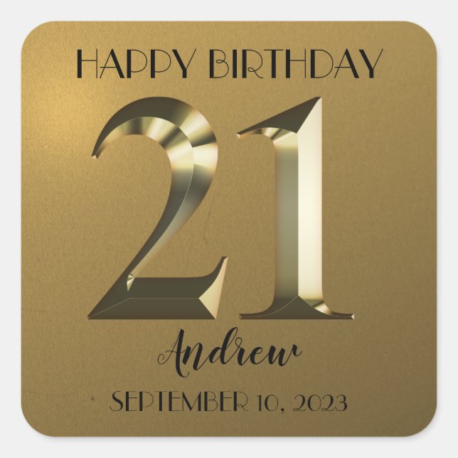 Metallic golden 21st birthday square sticker (Front)