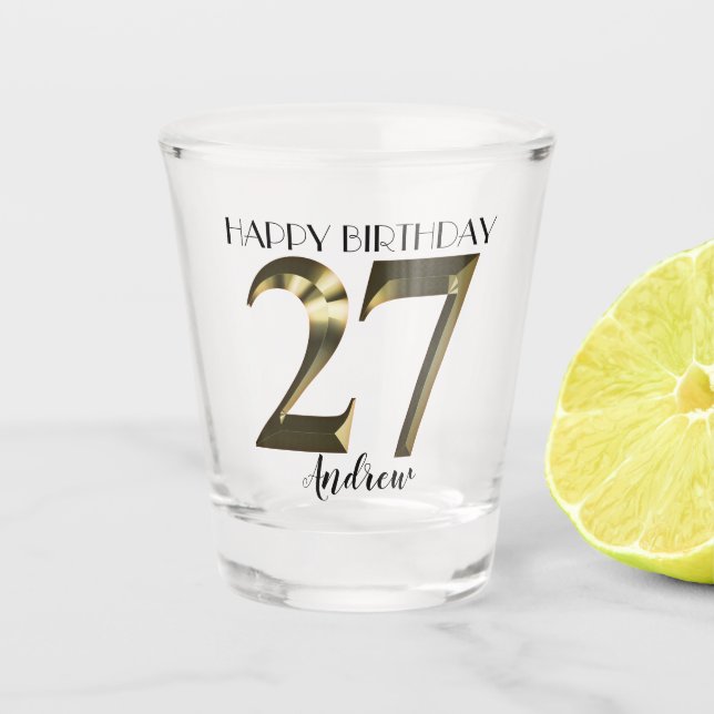 Metallic golden 27th birthday shot glass (Front)