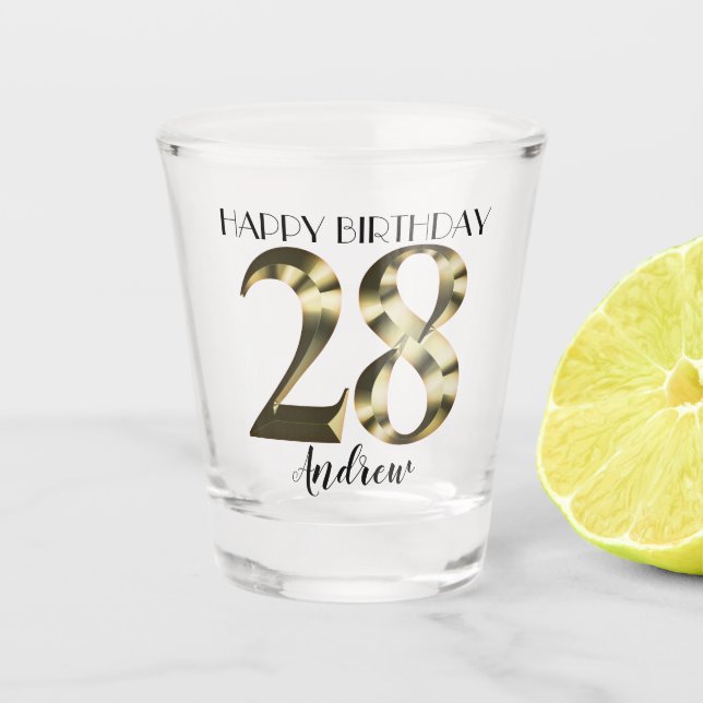 Metallic golden 28th birthday shot glass (Front)