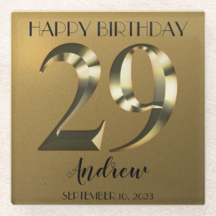 Metallic golden 29th birthday glass coaster