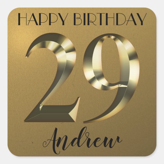 Metallic golden 29th birthday square sticker (Front)